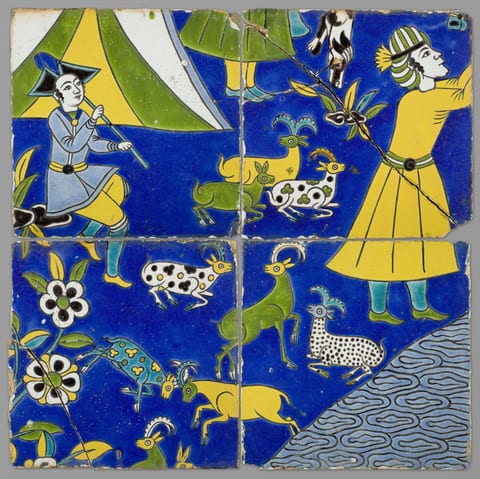 Four Tiles with a Figural Scene by Safavid Iran, fritware, polychrome overglaze